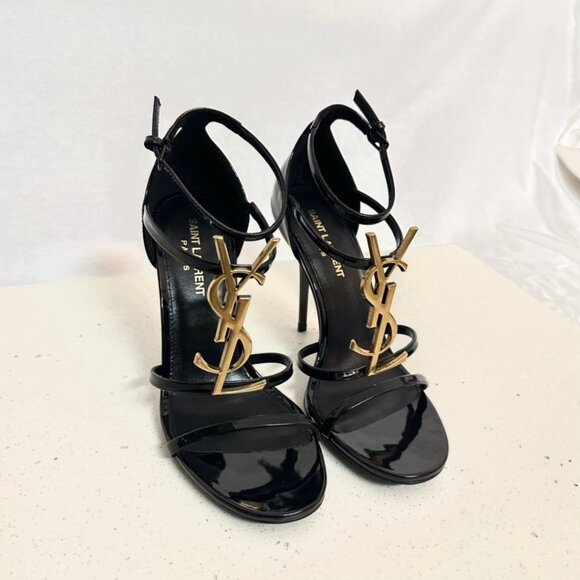Saint Laurent Cassandra Gold-Logo Embellished Patent Leather Heels - Picture 1 of 8